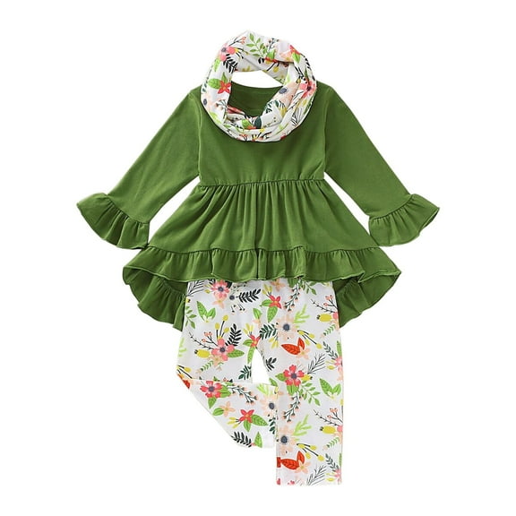 Coerni Toddler Little Girls Ruffle Flare Tunic Dress Top Striped Leggings Pants Scarf 3PC Fall Winter Outfit Set Clothes