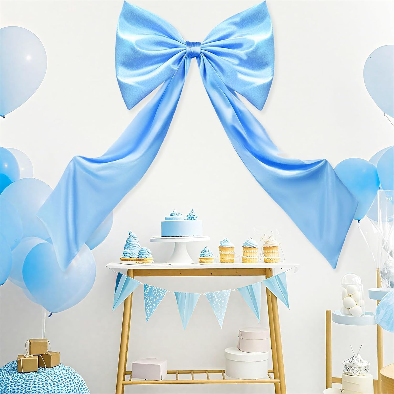 Coquette Large Satin Bow, 24 x 42 Inches, Blue Giant Bow Ribbon Tie for Coquette Room Decor, Birthday Party Backdrop Wall Decoration (Blue)