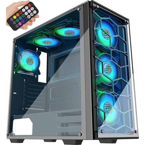MUSETEX ATX Mid-Tower Case 907 Phantom Black, 6 ARGB Fans USB3.0 Honeycomb Airflow Music Remote Control 2 Tempered Glass Panels, Gaming PC Case Computer Chassis (907-MN6)