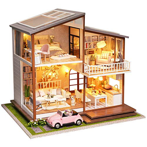 Spilay DIY Miniature Dollhouse Wooden Furniture Kit,Handmade Mini Modern Duplex Apartment Model with Dust Cover & Music Box 1:24 Scale Creative Doll House Toys for Children Gift Contracted City 