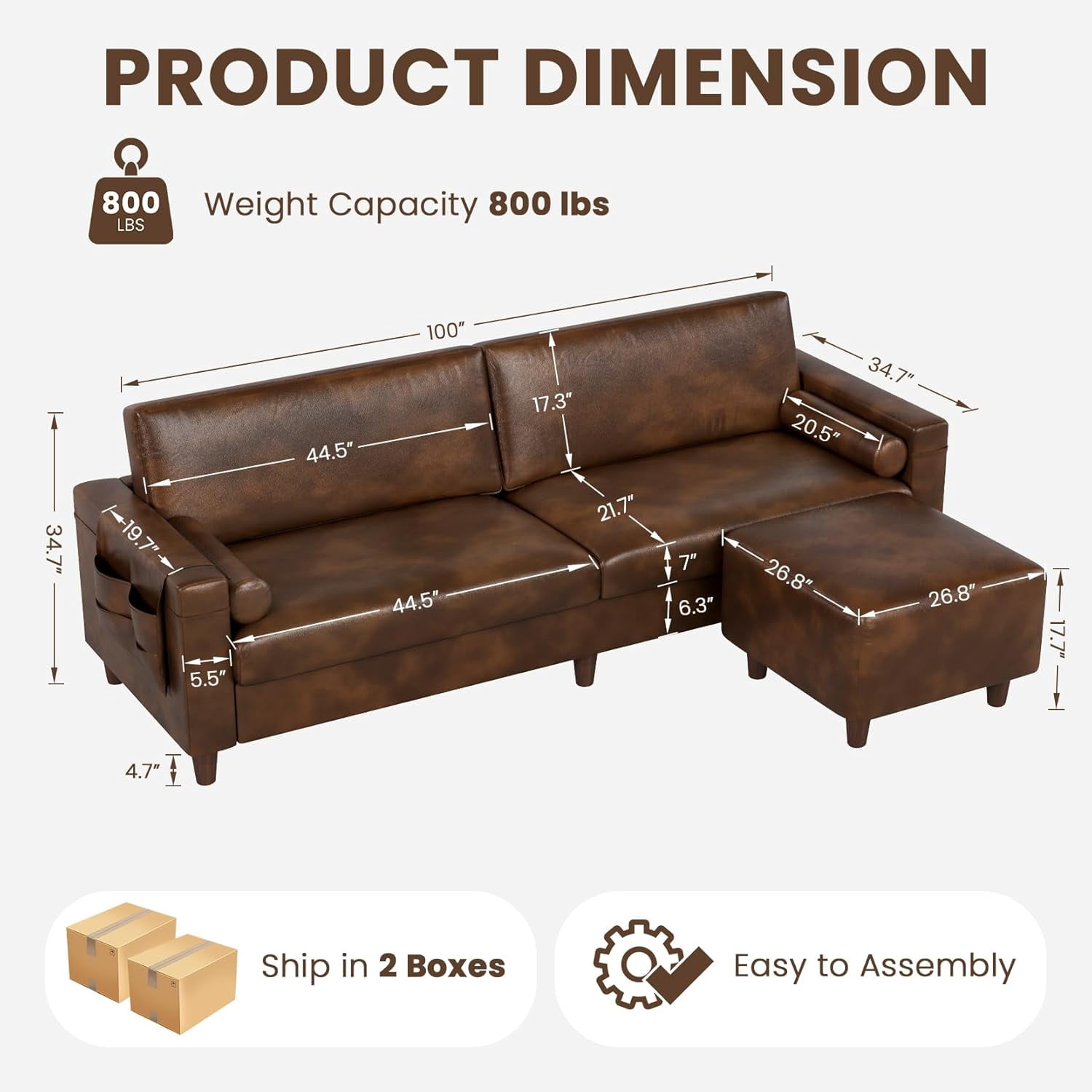 Neche 100" PU Faux Leather Couch with Movable Ottoman, Large 2 Seater L Shaped Leather Sectional Sofa with Side Pocket, Comfy Mid Century Modern Modular Sofa for Living Room, Apartment, Cocoa