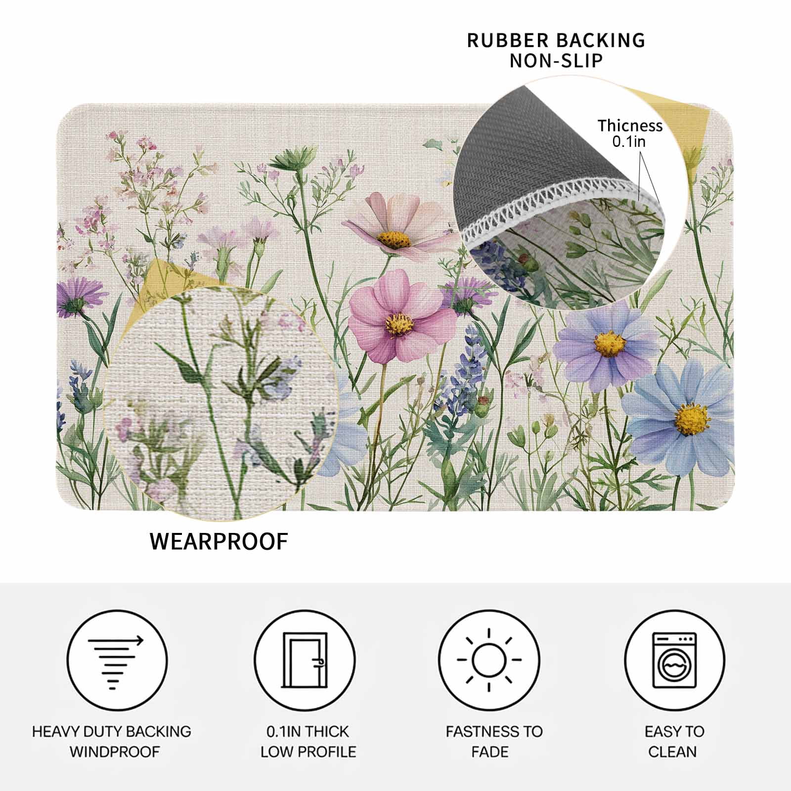 Spring Floral Doormat Outdoor Entrance 24"x36", Wildflowers Herbs Summer Botanical Vintage Absorb Moisture Dirt Door Mats, Non-Slip Rubber Backing Floor Mats Indoor, Low-Profile Front Door Rugs