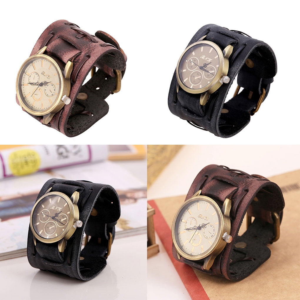 fashionhome Men Retro Bracelet Watch Band Male Wide Leather Strap Cuff Vintage Wristwatch Quartz Watch Walmart