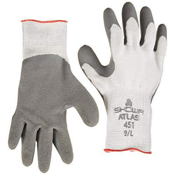 SHOWA Atlas 451 Palm Coating Natural Rubber Glove, 10-Gauge Insulated Seamless Knitted Liner, General Purpose Work, Large (Pack of 12 Pairs)
