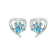 CZ Puppy Paw Print Heart Stud Earrings Sterling Silver Crystal for Women Girls