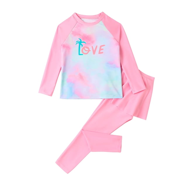 Swimsuit Set for Girls, Long Sleeve Sunscreen Protection, Cute Print Design, 80% Nylon 20% Elastane, for Beach, Pool, Surfing, Ages 4–8