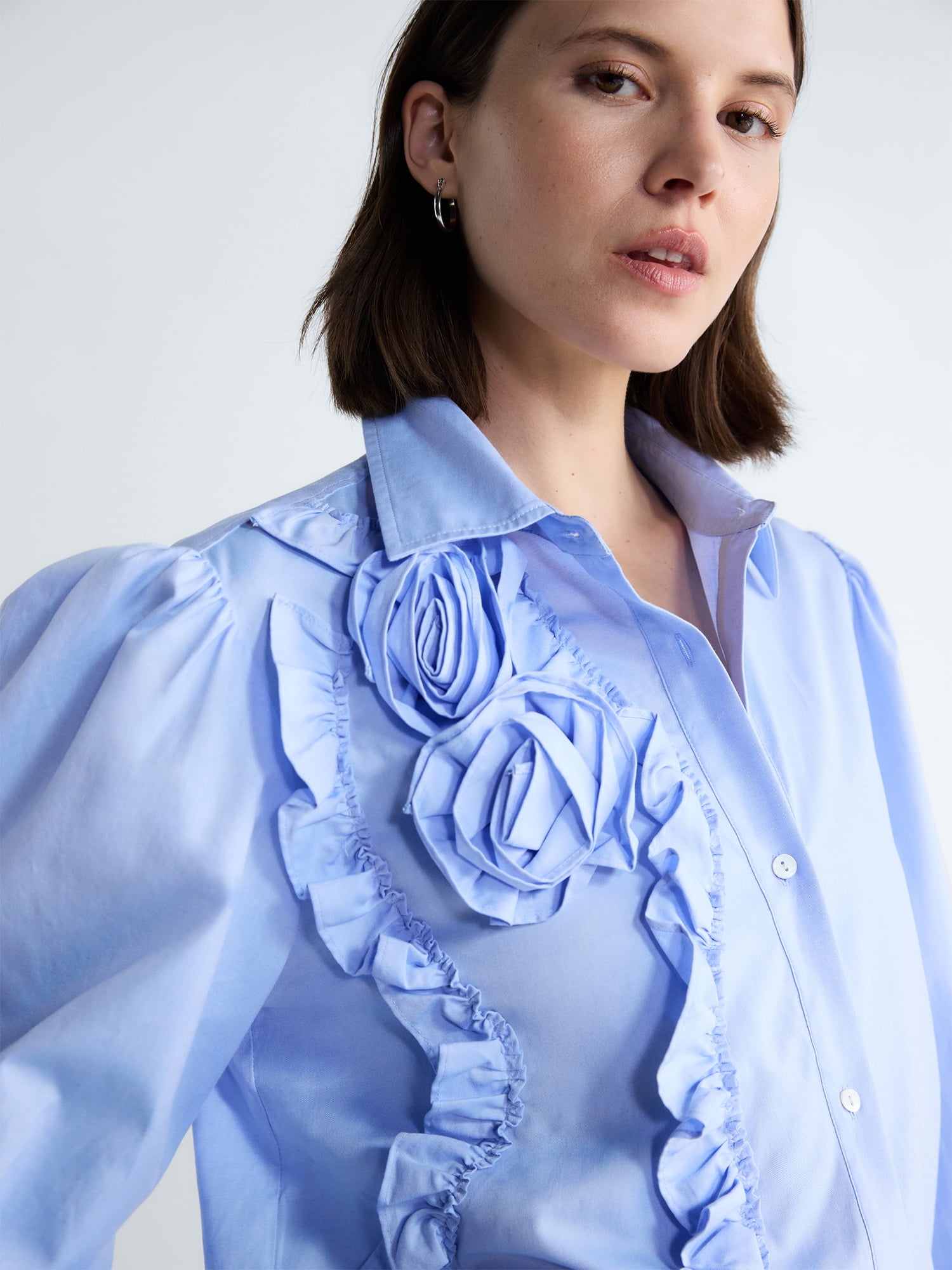 Free Assembly Women's and Women's Plus 3D Floral Cotton Shirt with Long Sleeves, Size XS-4X