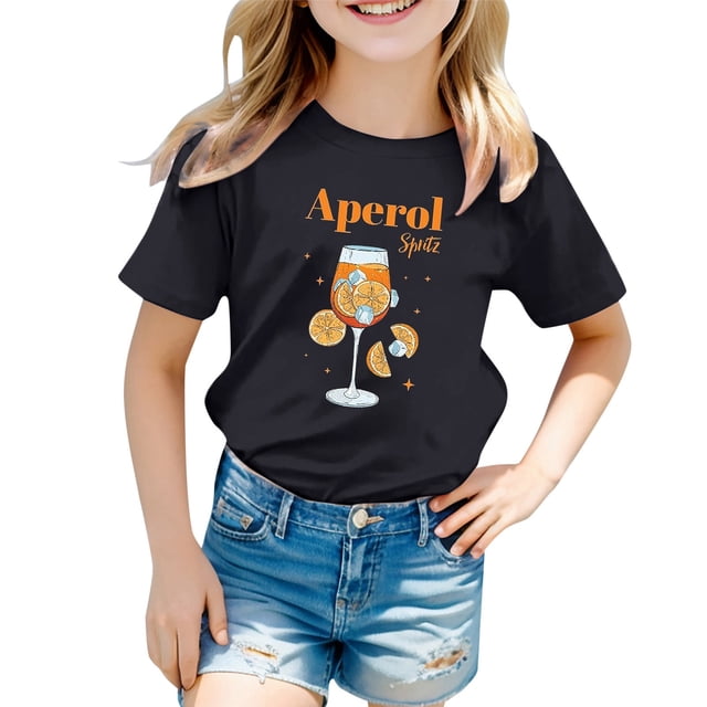 PMVFHDE Hauts pour Fille Tendance Manches Courtes Tunique Manches Courtes pour Sortir Carnaval Enfants Imprimé Col Rond T-Shirt Manches Courtes Noir, 6-7 Ans