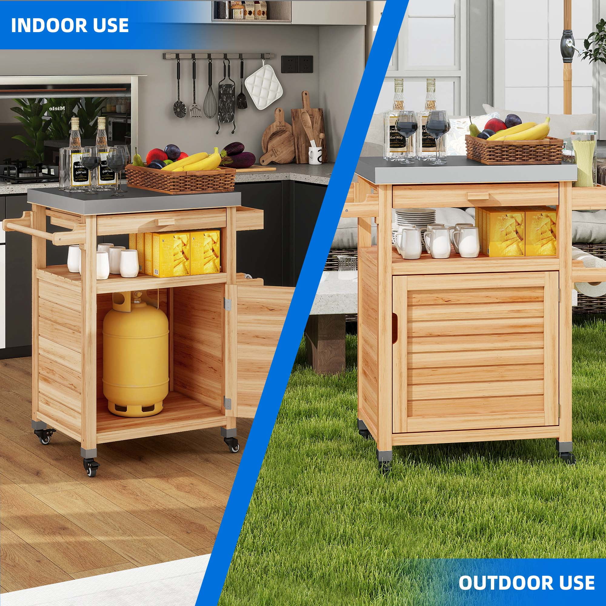 Uforic Wood Kitchen Storage Cart with Stainless Steel Top, Grill Cart for Outdoor & Indoor, Natural