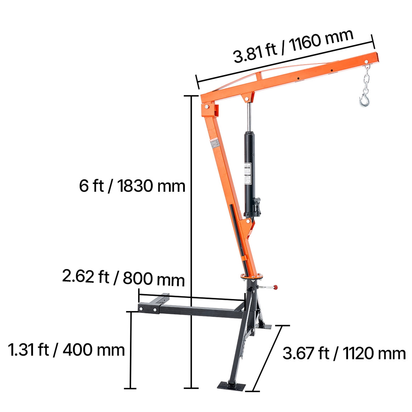 VEVOR Hydraulic Pickup Truck Crane, 1000 lbs Capacity, 360° Swivel, Hitch Mounted Crane with Three Boom Capacities of 500 lbs, 750 lbs & 1000 lbs, for Lifting Goods in Construction, Forestry, Factory