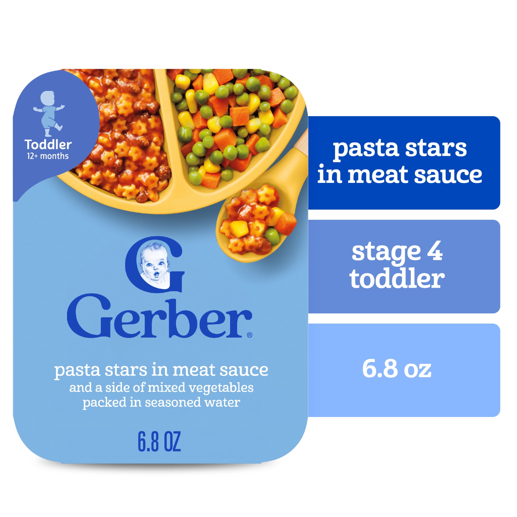 (8 pack) Gerber Mealtime for Toddler, Pasta Stars in Meat Sauce and a side of Mixed Vegetables, Toddler Food, 6.8 oz Tray