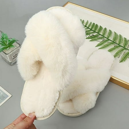 

QWZNDZGR Winter Women Casual Fuzzy Slippers Female Flip Flops Fluffy Shoes Cross Slides Soft Plush Home Indoor Slippers Faux Fur Slides