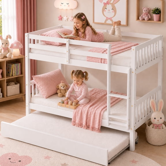 SESSLIFE Twin Over Twin Bunk Bed with Trundle, Wood Convertible Bunk Bed Frame with Guardrails and Ladder, No Box Spring Needed, Space-Saving Bunk Bed for Bedroom, Dorm, Guest Room, White