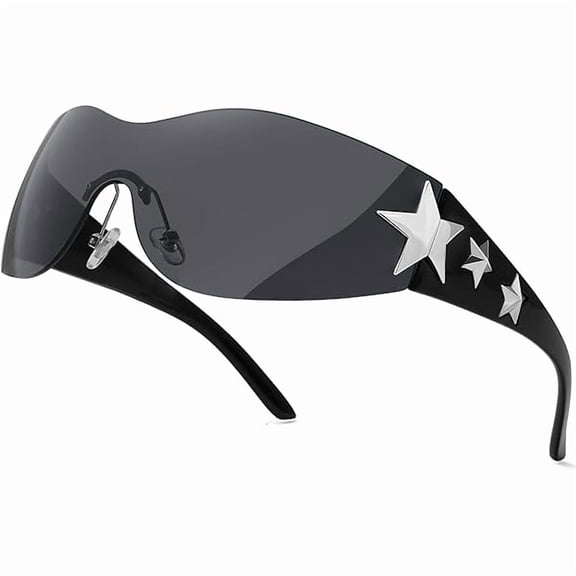 LYH Rimless Y2K Sunglasses Star Wrap Around Glasses 2000S Accessories for Women Men Trendy Fashion Cool Shield Shades