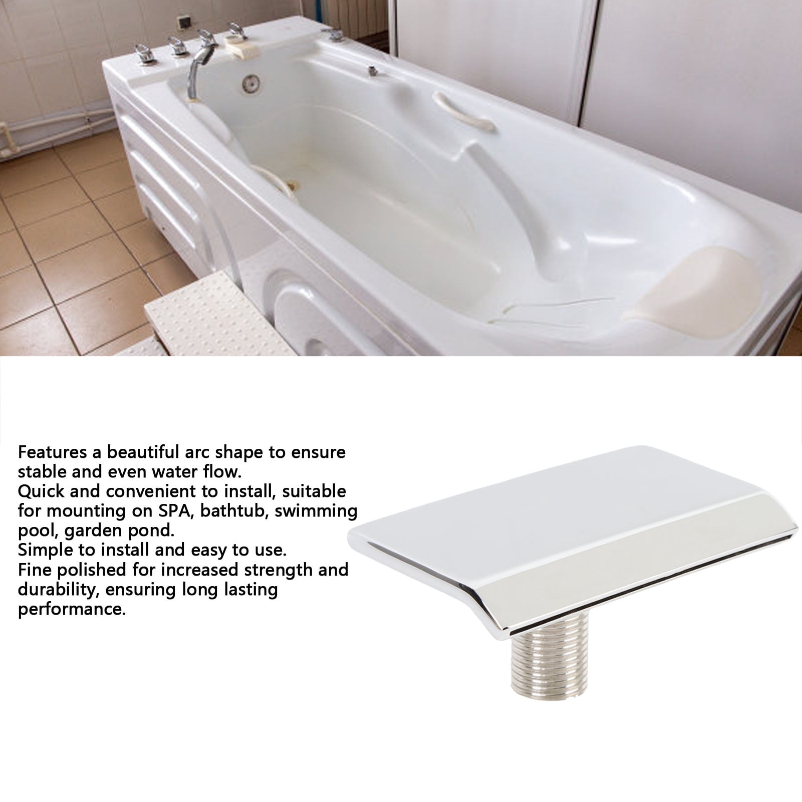 Suodoka Stainless Steel Waterfall Tub Spout G1/2 External Thread Wall Mounted Pool Bathtub Faucet Outlet Nozzle For SPA Swimming Pool Bathroom Upgrades, Silver Finish, 3.9 x 2.4 in / 10 x 6 cm