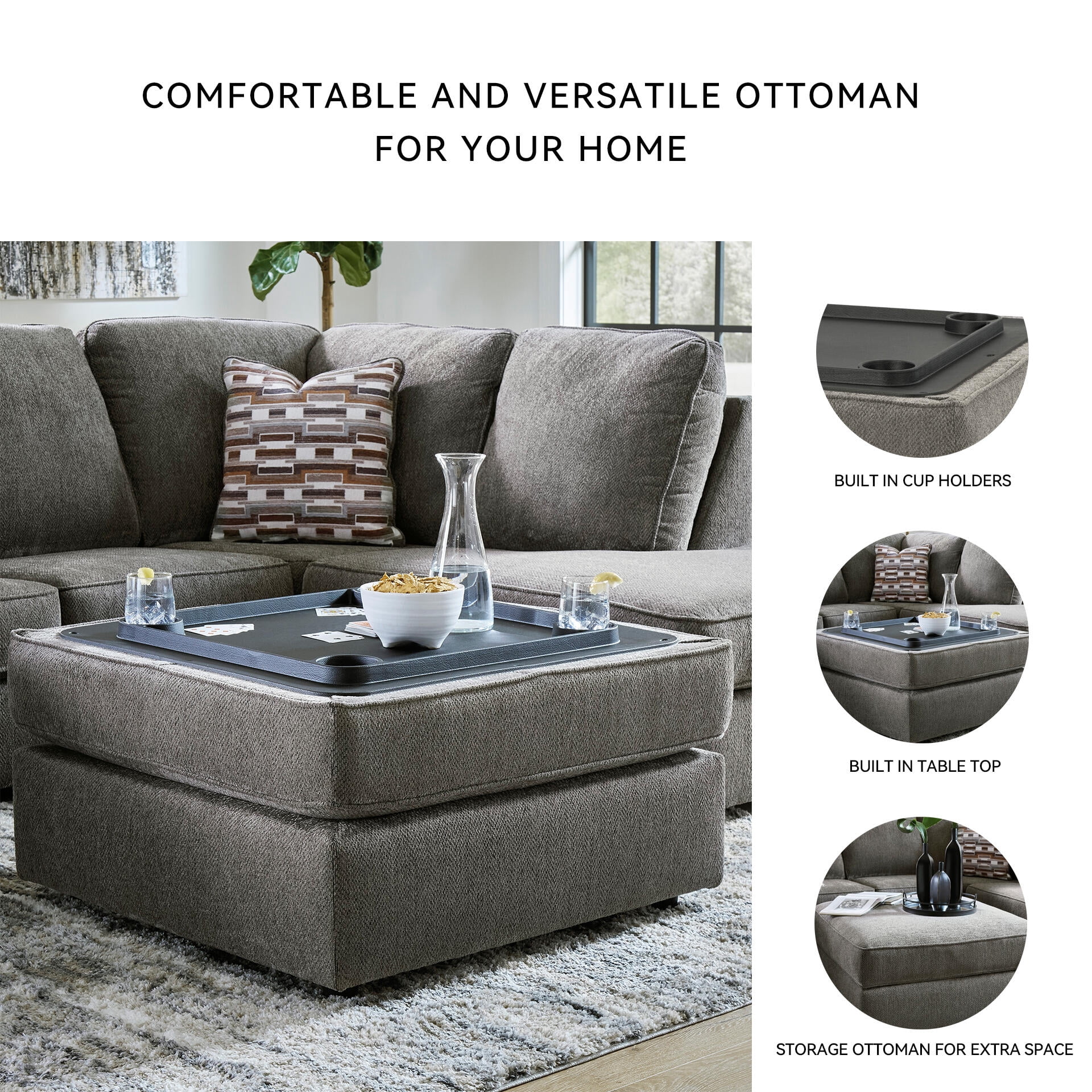 Signature Design by Ashley O’Phannon Storage Ottoman with Reversible Top, Chenille Upholstery, Putty Gray