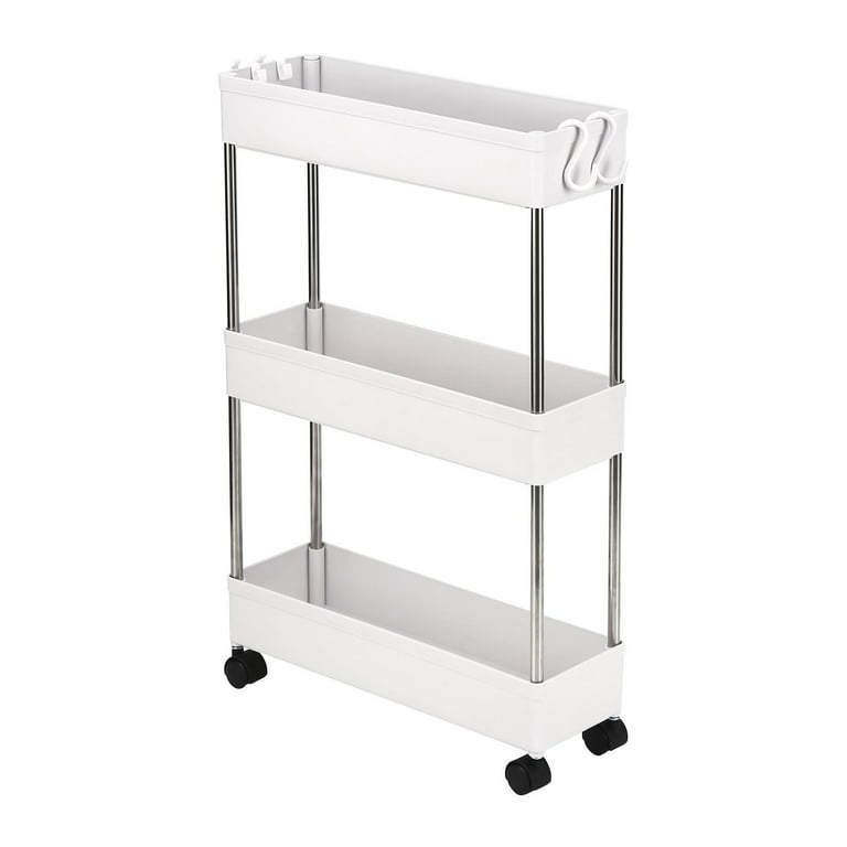 3 Tier Bathroom Cart Organizer Mobile Shelving Unit Rolling Utility Cart, Slide Out Organizer for Kitchen, Bathroom, Laundry, Narrow Places, White