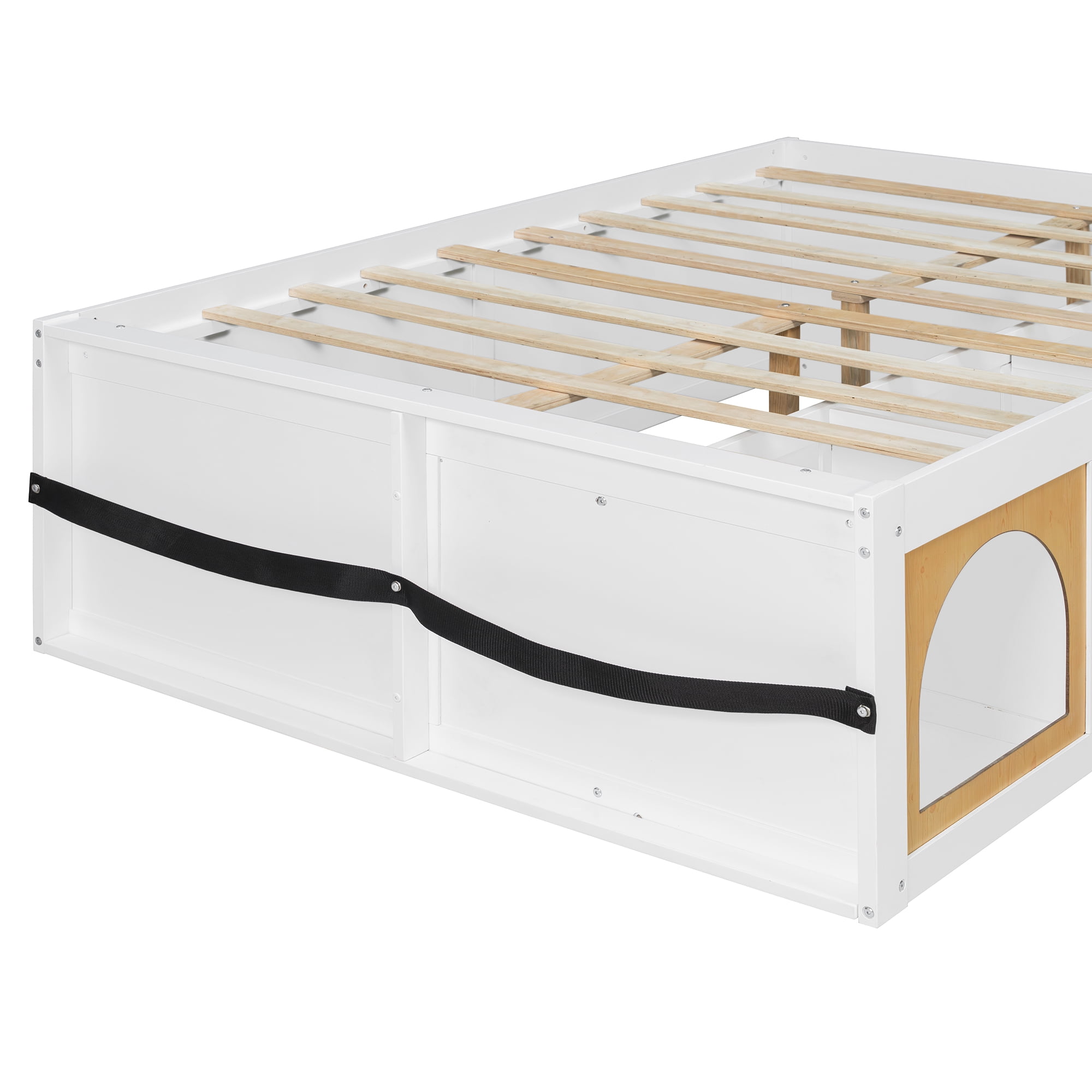 Mintazer Modern Full Size Bed with Bookshelf and 3 Open Cubbies & Drawer, Platform Bed Frame with LED Light for Kids Bedroom, Natural & White