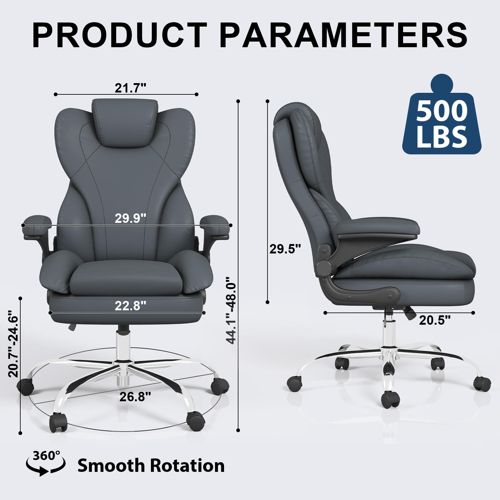 Hovos Big and Tall Office Chair with Flip-up Arms, Ergonomic Home Computer Desk Leather Chair, 360° Swivel Computer Desk Chair, Quiet Nylon Wheels, Gray