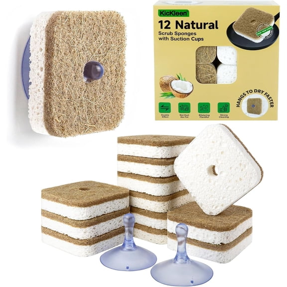 12Pack Natural Kitchen Scrub Dish Sponge with Suction Hanger Biodegradable Compostable Cellulose and Coconut Non-Scratch Sponge for Kitchen, Bathroom, Household