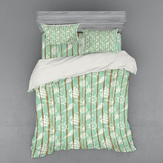 Ambesonne Nautical Bedding Set 4 Pcs, Mint Seashell Sailing, Queen, Mint Green