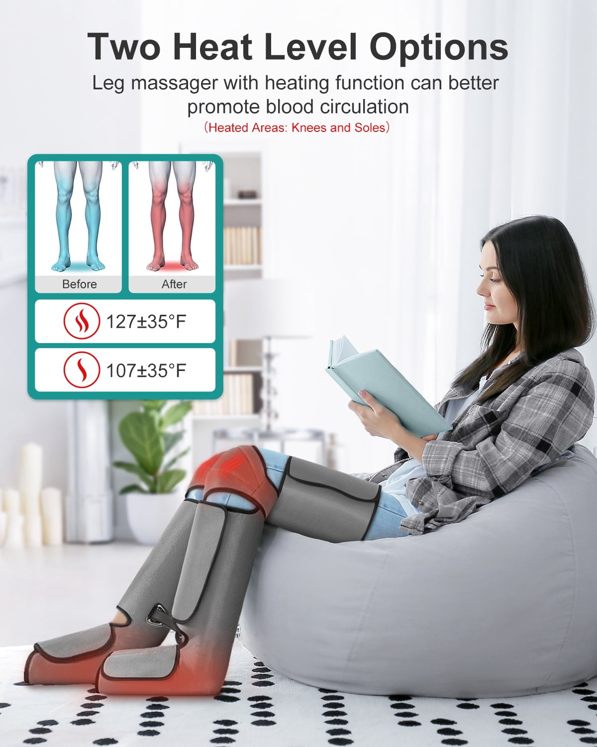 Nekteck Leg Massager for Circulation and Pain Relief, Air Compression Foot Calf Thigh Massager with 2 Heat and 3 Vibration Functions, 6 Modes 3 Intensities, Help for Muscles Relaxation