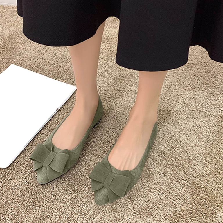 Xfvqtps Womens Pointed Toe Bow Flats Velvet-Like Quilted Insole Comfortable Flat Shoes for Work Casual Dress Shoes Army Green