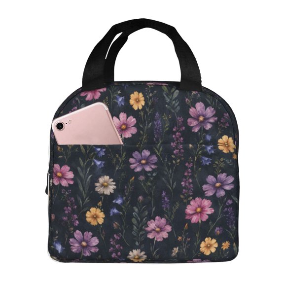 Dark Wildflower Lunch Bag Reusable Thermal Lunch Box with Handle for Women and Men