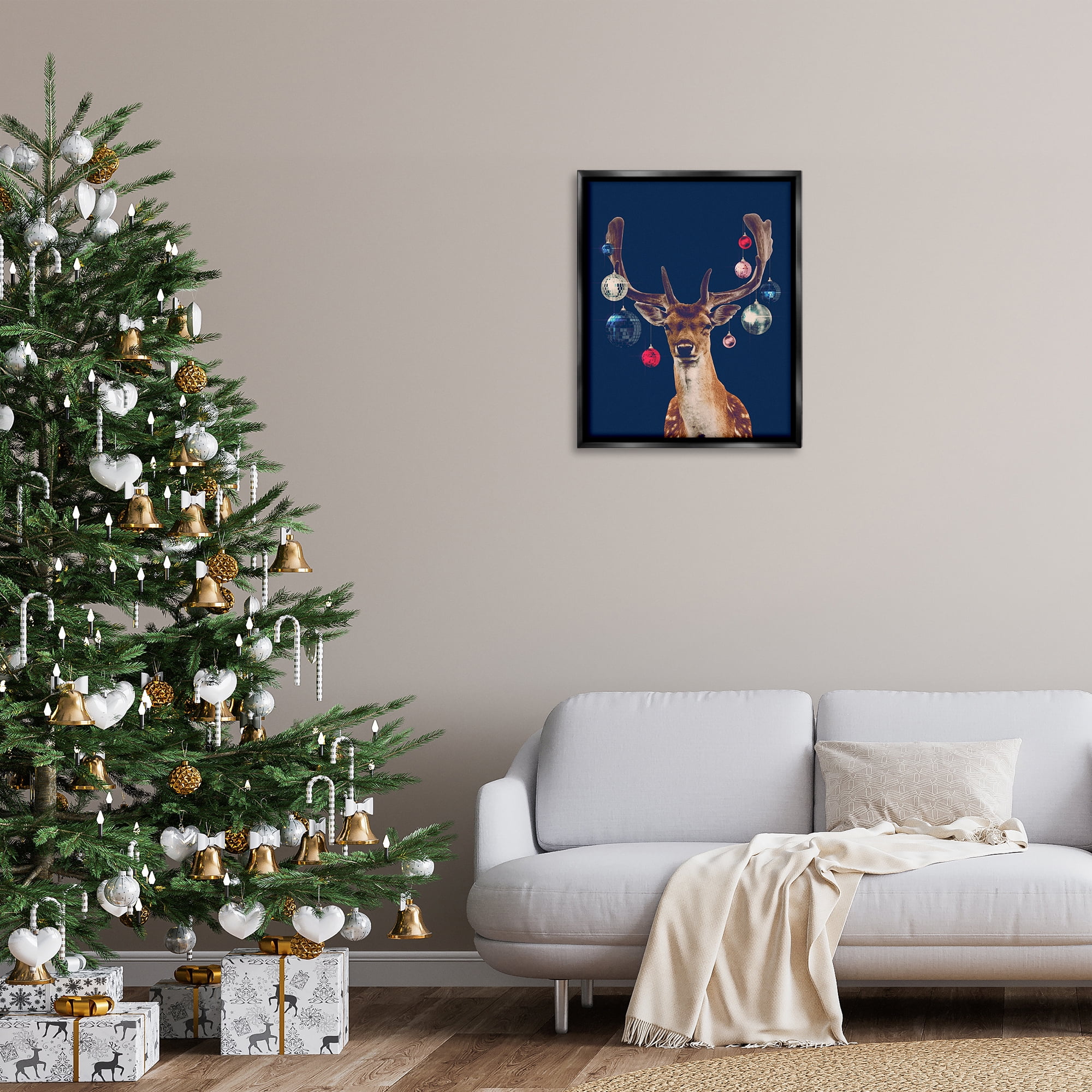 Stupell Industries Deer with Dazzling Ornaments Holiday Painting Black Floater Framed Art Print Wall Art, 25 x 31