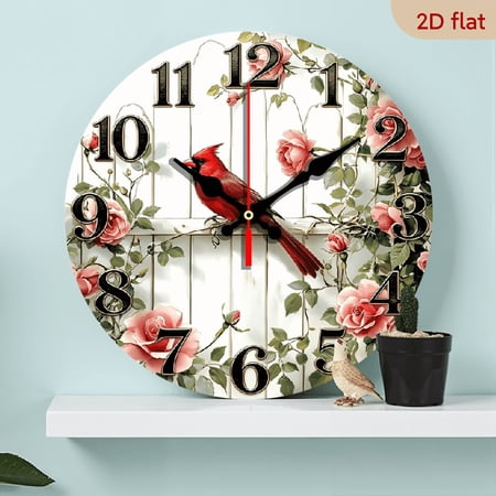2D flat, a 10-inch wooden round wall clock, beautiful cardinal bird rose garden design. Suitable for bedroom, living room, office decoration. Can be a gift for Father's Day and other festivals.