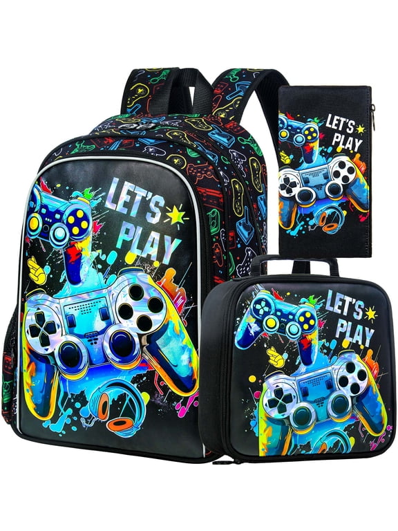 3PCS Boys Game Backpack, Kids Bookbag with Lunch Box, Water Resistant School Bag for Elementary Preschool Toddler