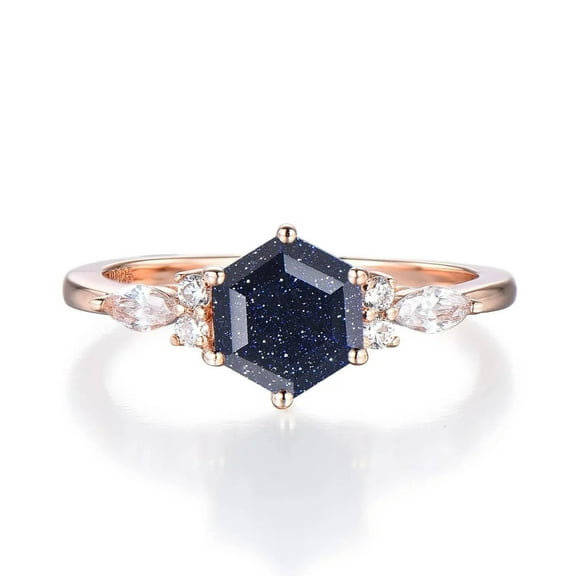 Hexagon Cut Lab-Created Galaxy Blue Sandstone and Diamond Anniversary Promise Ring in 925 Sterling Silver – Elegant Jewelry for Her, Unique Gift Idea