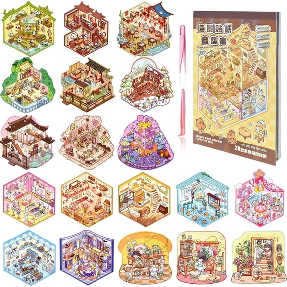 20 Escena de Pegatinas en Miniatura 3D, DIY Calcomanías de Casa con 2 Pinzas, stickers para niños, Calcomanias Divertidas, sticker 3d, Regalos para Adultos y Niños