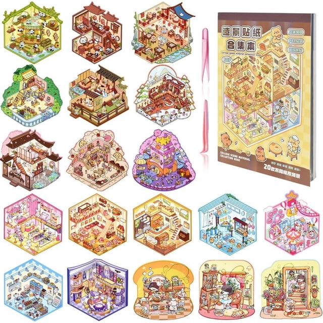 20 Escena de Pegatinas en Miniatura 3D, DIY Calcomanías de Casa con 2 Pinzas, stickers para niños, Calcomanias Divertidas, sticker 3d, Regalos para Adultos y Niños