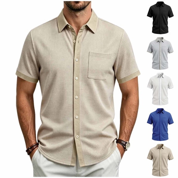 Fanshiluo Men's Collared Short Sleeve Button Down Shirt with Chest Pocket,Size:L,Big and Tall Men