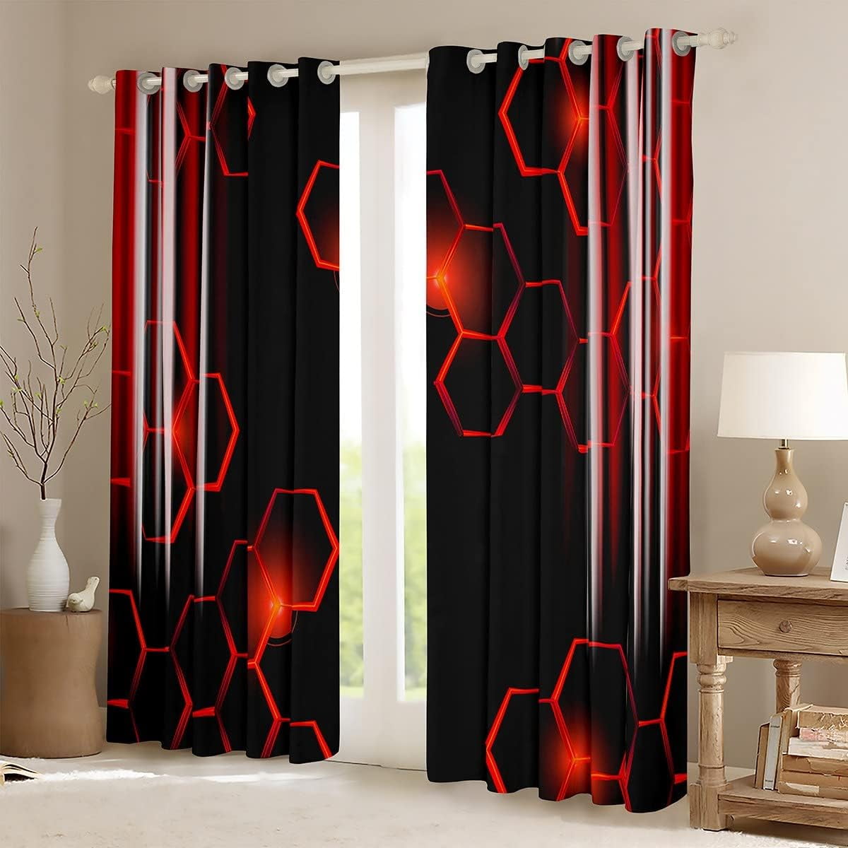 Honeycomb Curtains (2 Panels, 42 x 84 Inch) Modern Hexagon Theme Red Curtains Room Strip Lines Darkening Dreapes Modern Gradient Black Red Window Treatments 30%-50% Blackout