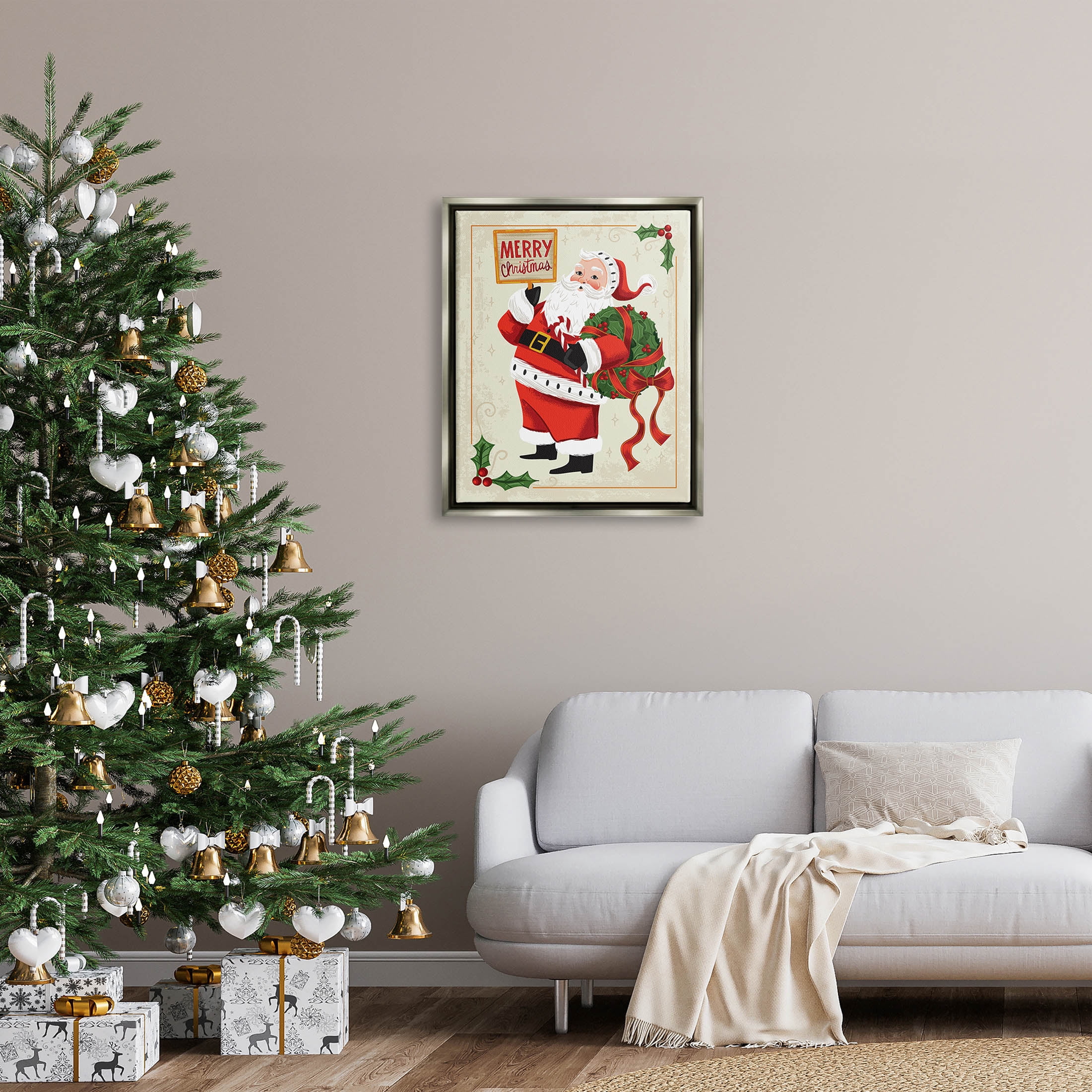 Stupell Industries Vintage Merry Christmas Santa Graphic Art Luster Gray Floating Framed Canvas Print Wall Art, Design by Arrolynn Weiderhold