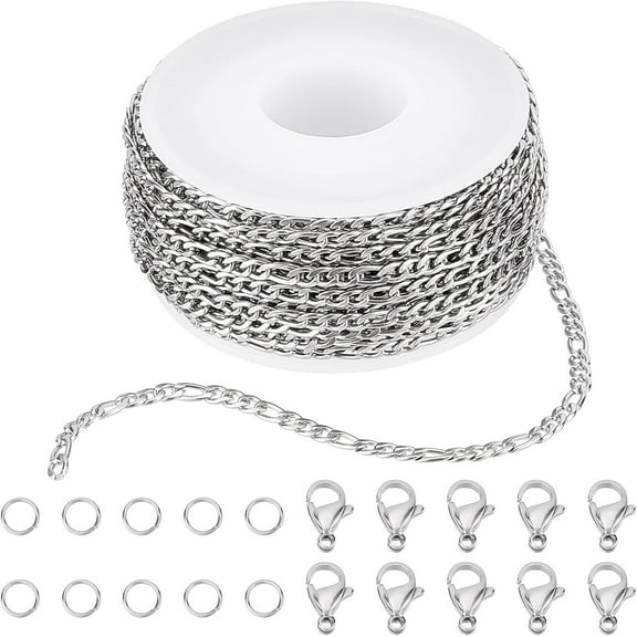 DIY 10M 32.8 Feet 3MM Silver Chain Roll Figaro Chains Necklace Stainless Steel Cable Long Craft Link Chain Bulk for Jewelry Making Kits Necklaces Bracelets Crafting Supplies