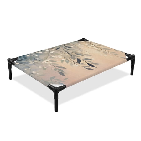 Fall Leaf Elevated Dog Bed Watercolor Vintage Black Leaves Plant Linen Texture Cooling Breathable Outdoor Raised Dog Cot Bed with Metal Frame Non-Slip Feet for Medium Dog 24x20in