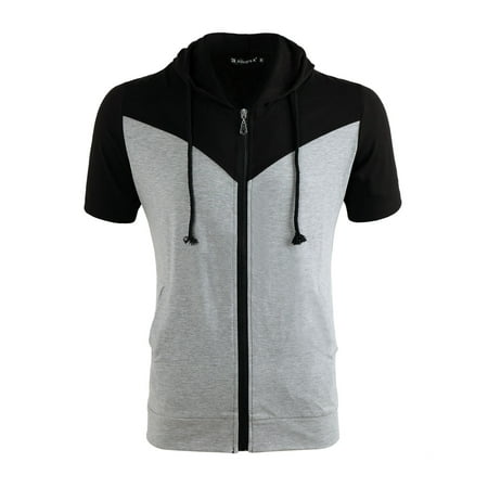 Men Zipper Short Sleeve Hooded Color Block Casual Sweatshirt Men Zipper Short Sleeve Hooded Color Block Casual Sweatshirt