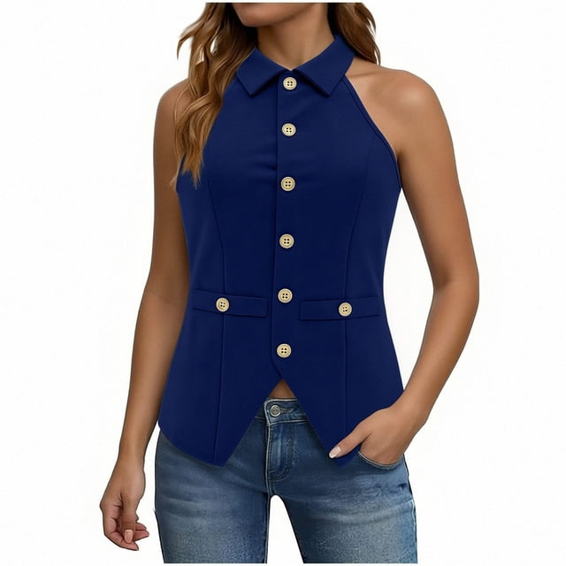 Pounoo Womens Halter Vest Tops Sleeveless Halter Neck Collared Button Front Blouses Office Commute Formal Events Blouses Vests Tunics Gift