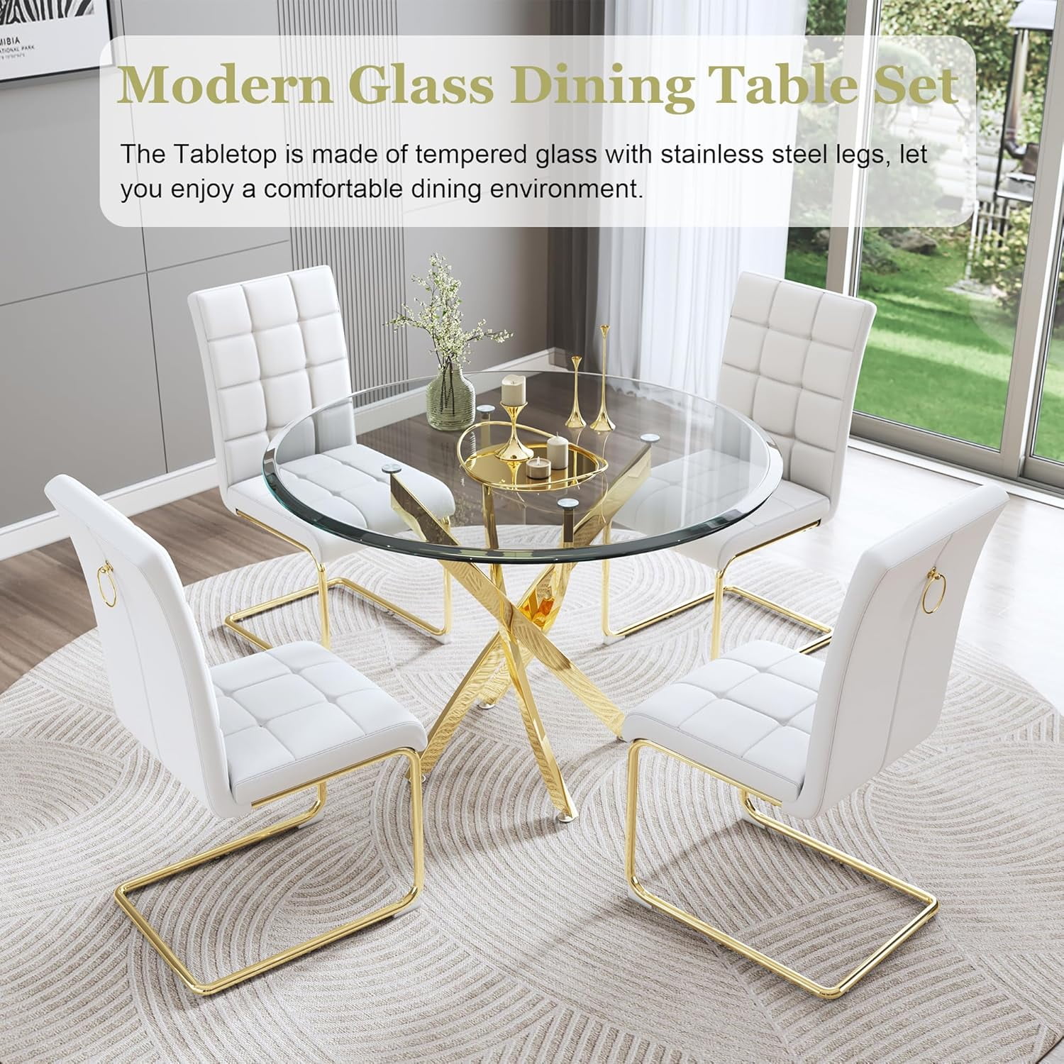 5-Piece Dining Table Set, 36" Round Clear Tempered Glass Table & 4 PU Cantilever Chairs with Stainless Steel Legs, Dining Table Set for Small Space, Apartment, Home Office