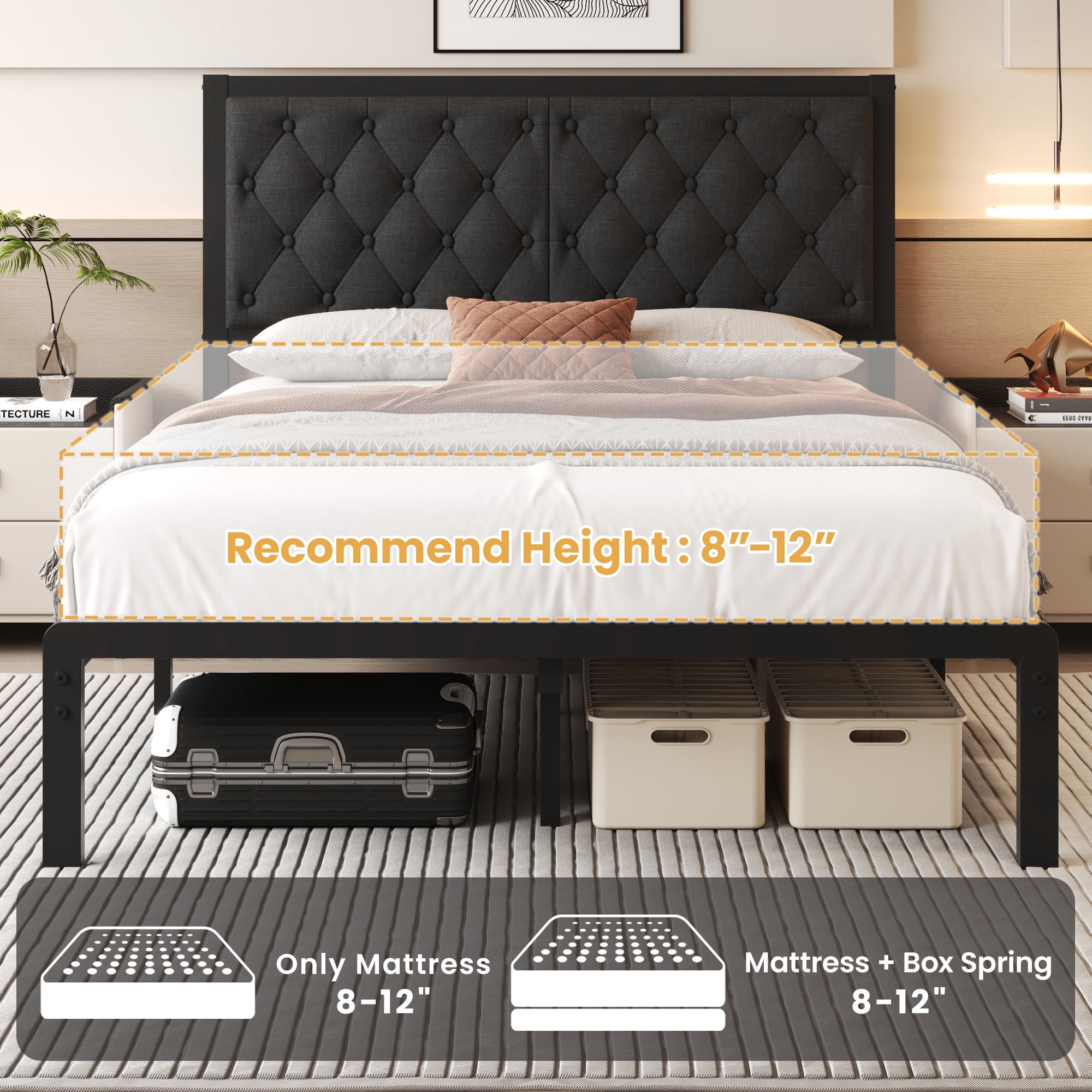Lifezone Bed Frame with Linen Upholstered Headboard, Queen, Metal Support, No Box Spring Needed, Grey
