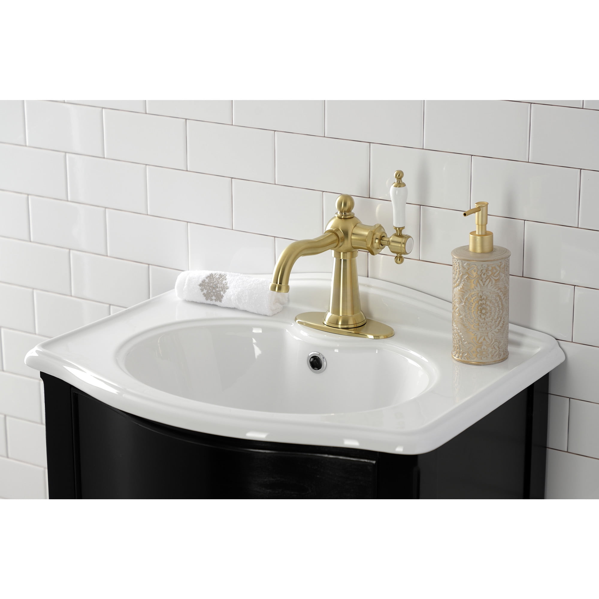 Kingston Brass KSD154KLBB Nautical One-Handle Single-Hole Bathroom Faucet with Deck Plate and Push Pop-Up Drain, Brushed Brass