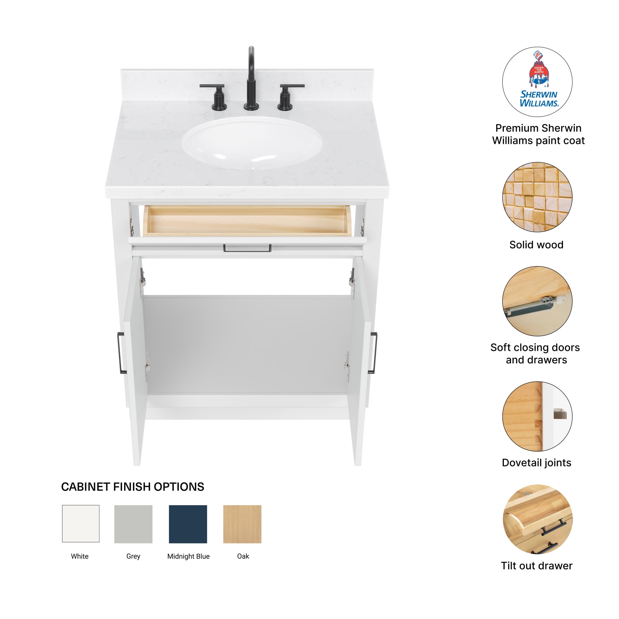 Ariel Hepburn 30 In. Oval Sink Bathroom Vanity With Carrara White Quartz Countertop 1.5 Edge In White