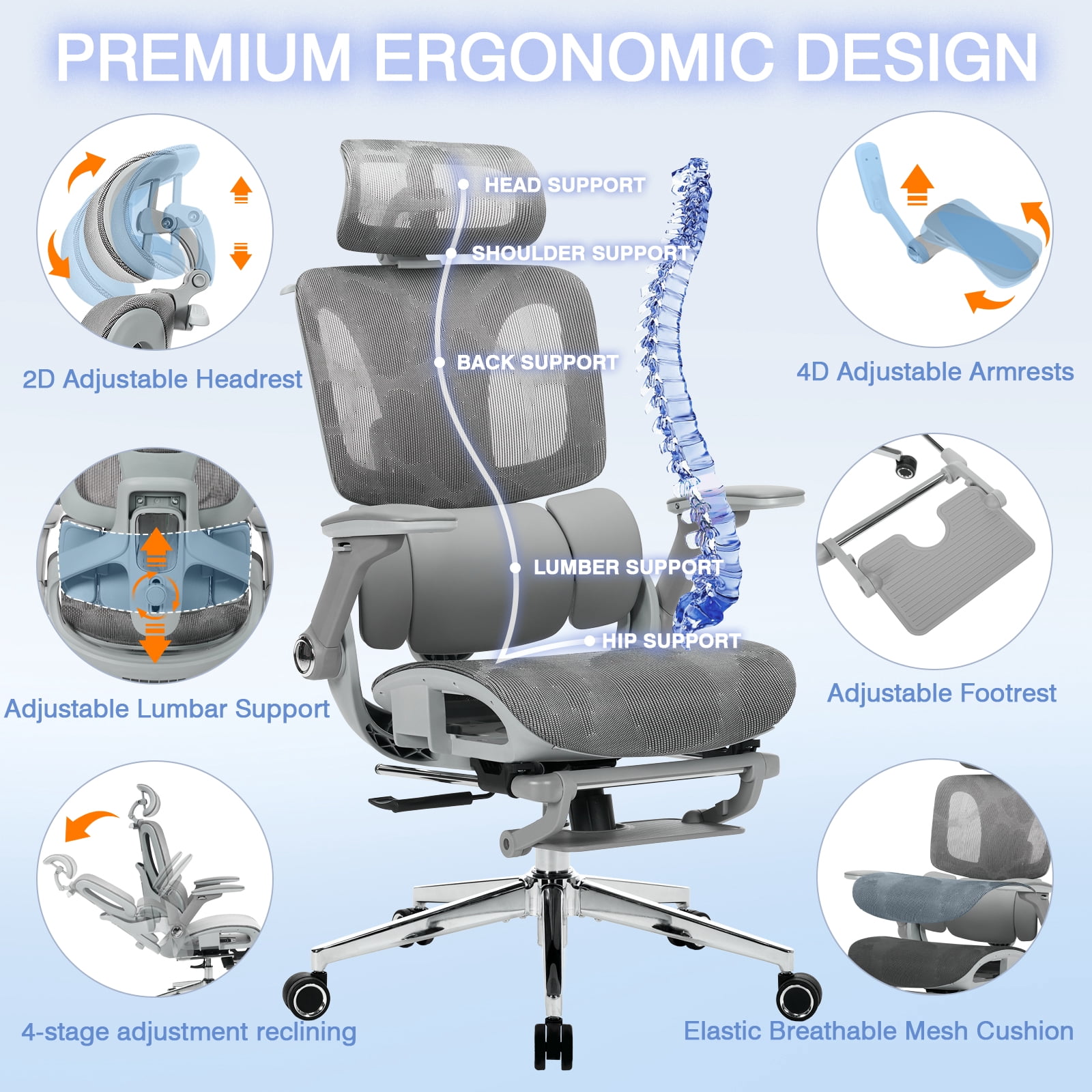 Czlolo High Back Ergonomic Mesh Office Chair with Footrest, 4D Armrests, Adjustable Lumbar Support, Gray