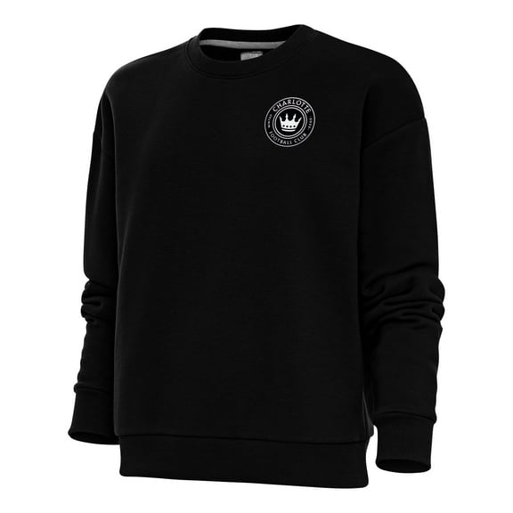 Women's Antigua Black Charlotte FC Brushed Metallic Logo Victory Crewneck Pullover Sweatshirt
