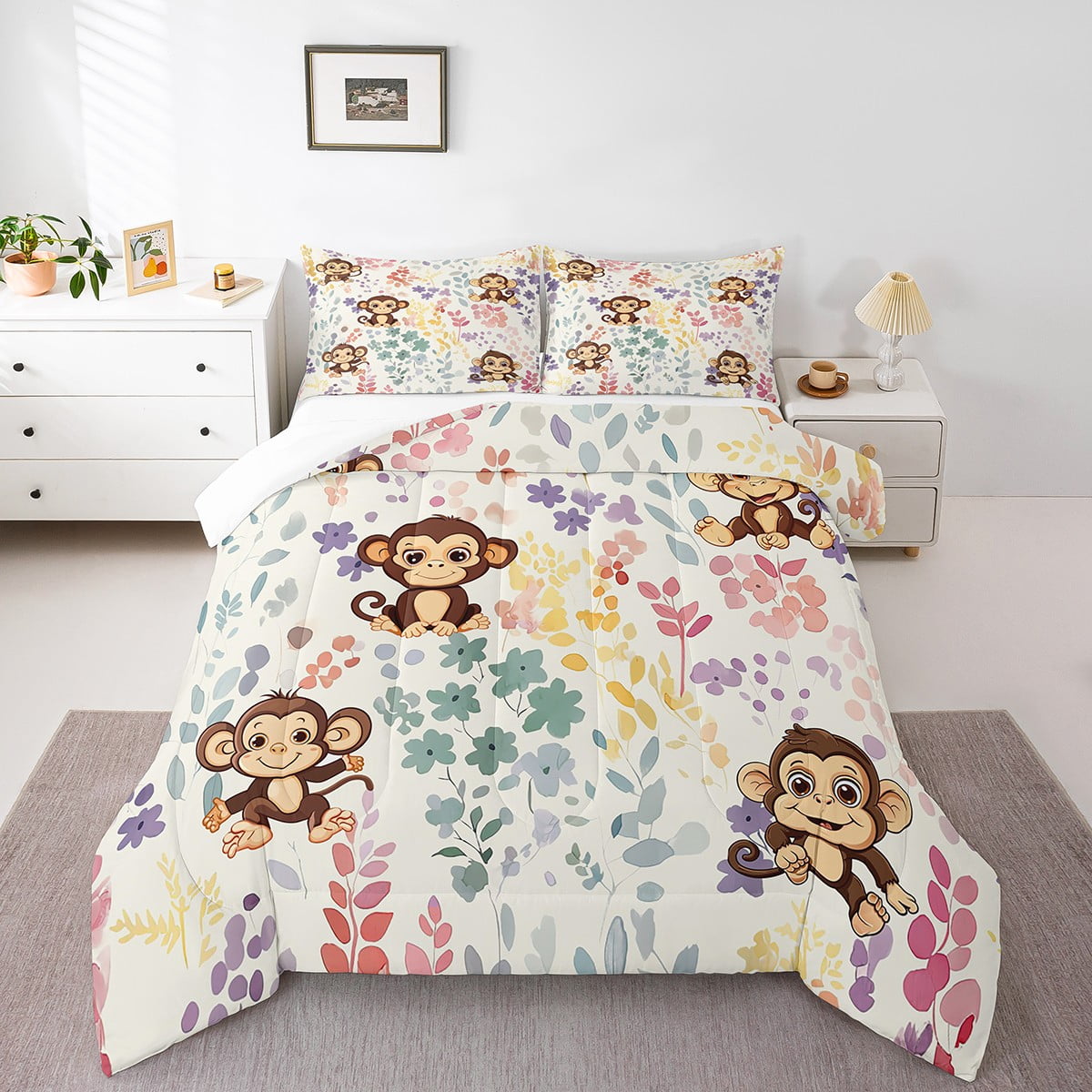 Kawaii Monkey Bedding Set Twin Size,Cartoon Monkey Flower Comforter Set,Watercolor Floral Quilt Bed Set Forest Wildlife Animal Down Comforter with 1 Pillowcase