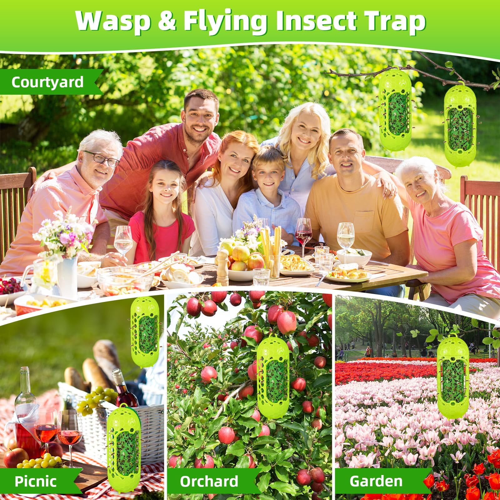 2 Pack Upgraded Outdoor Hanging Wasp Trap, Bee Traps for Outdoor Yellow Jacket Bee Catcher Trap, 4 PCS Refillable Sticky Papers, Fly Bug Insect Deterrent Killer