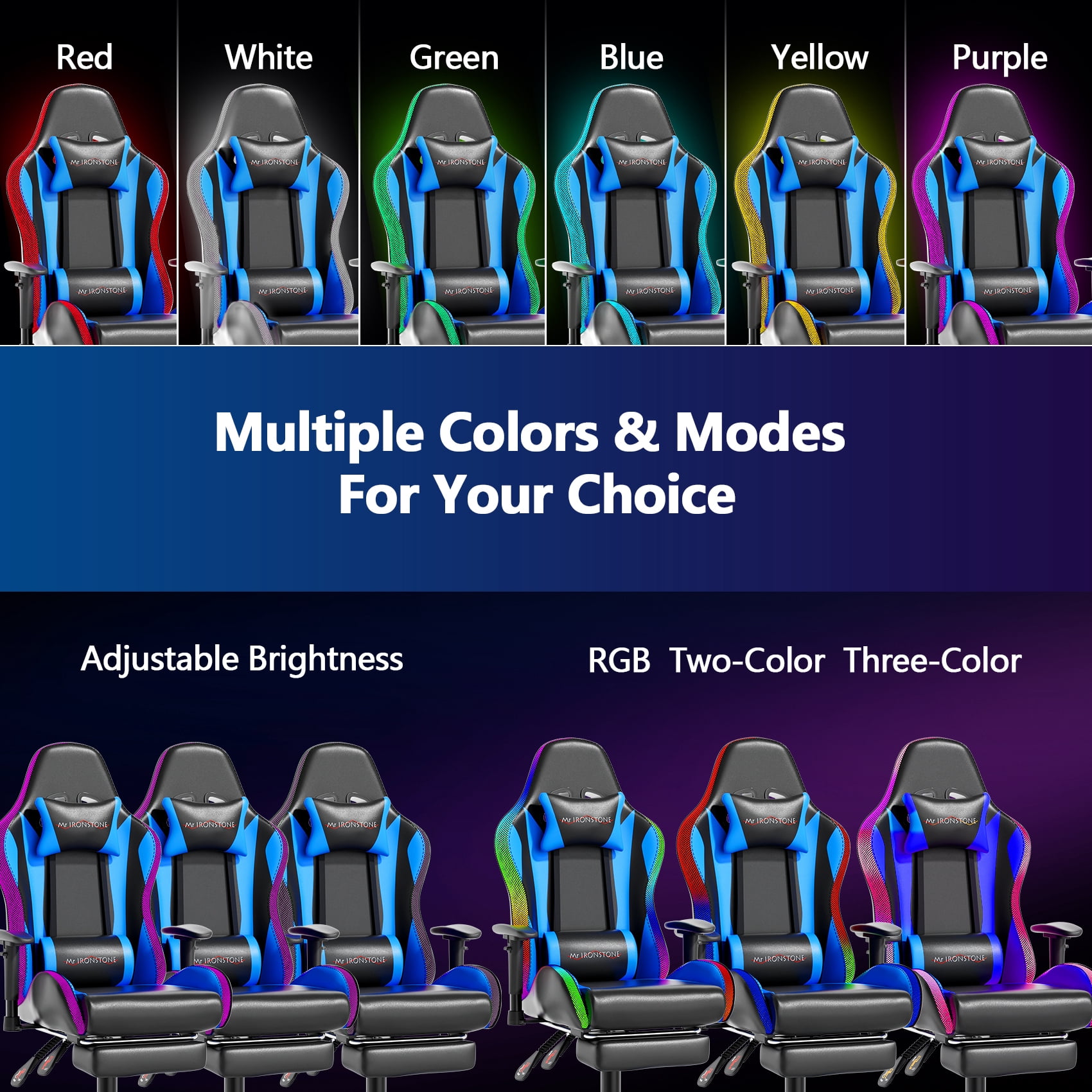 Mr IRONSTONE Gaming Chair for Adults, 7 Point Massage Computer Chair with Bluetooth Speakers RGB, Heavy Duty 400lbs Ergonomic PC Chair with 3D Armrests Footrest, Blue/Black